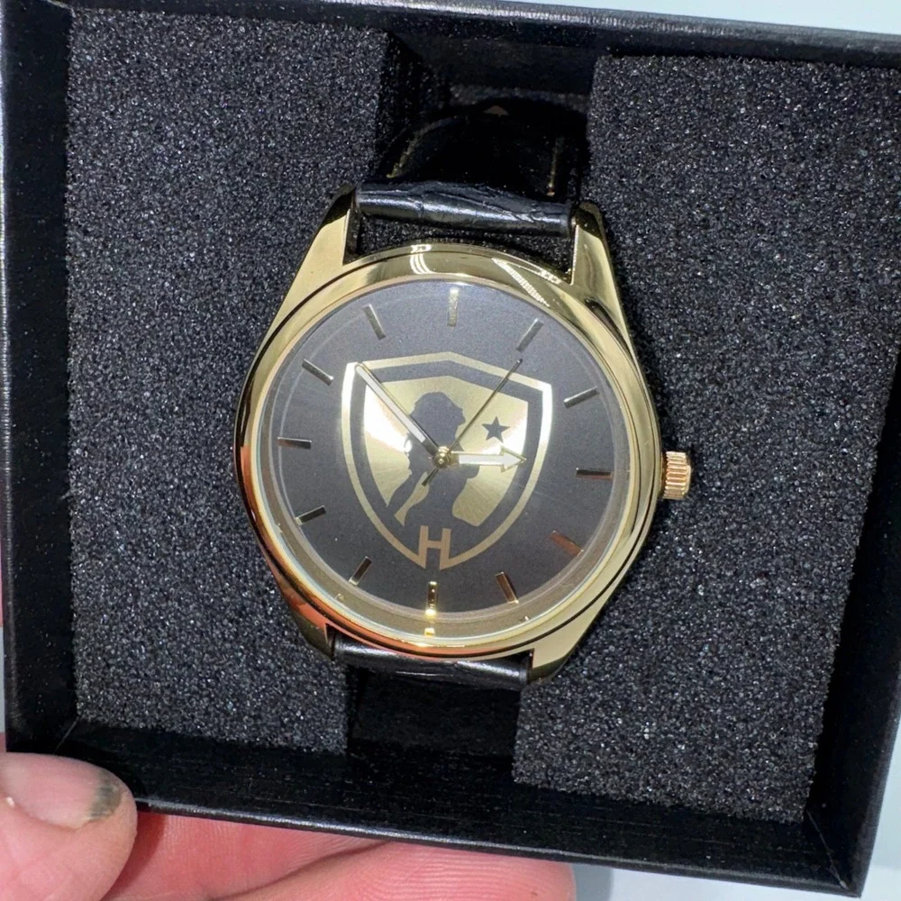 Hustler Pioneer Black Series Shield Gold Watch HUS-PIK-SDG Black Leather Strap